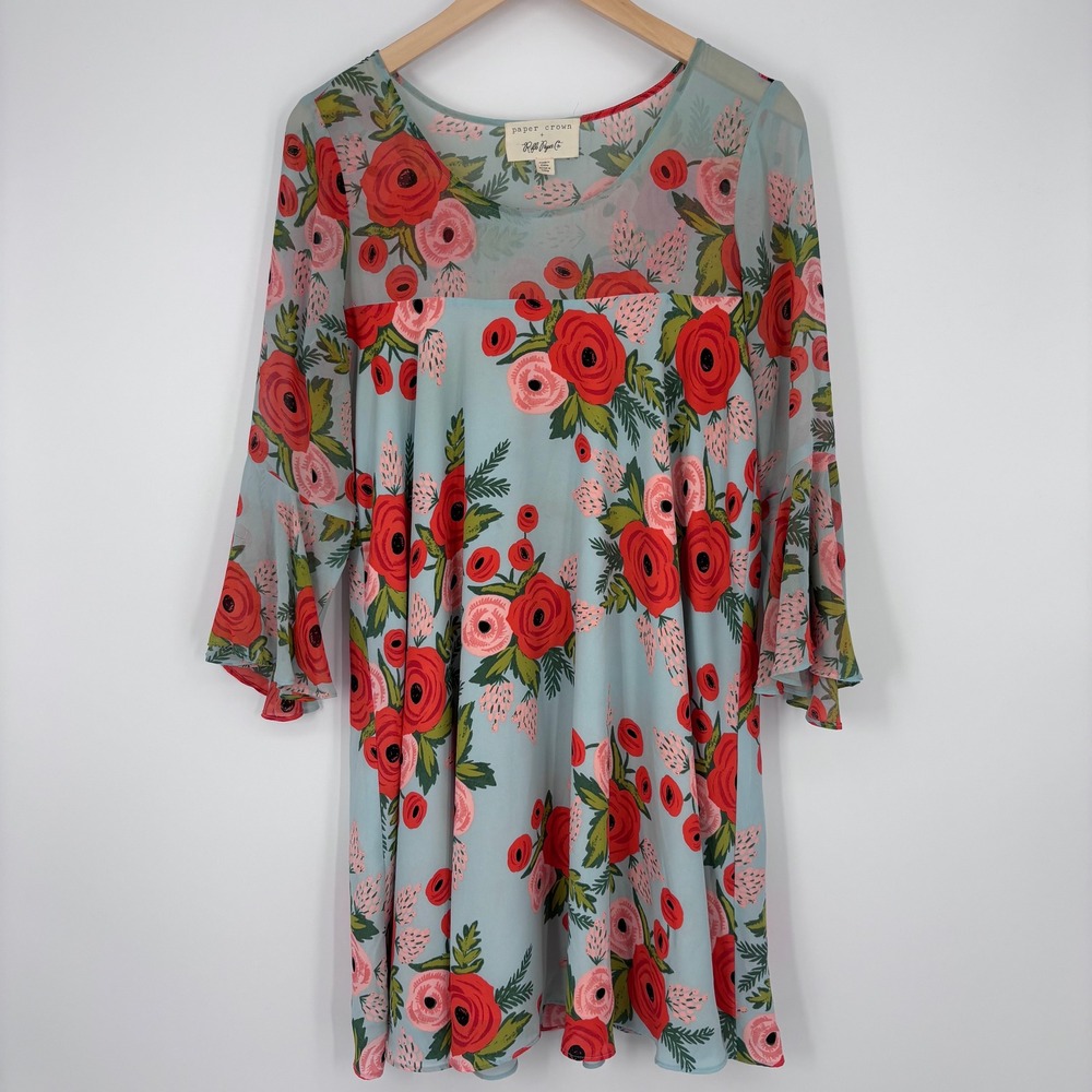 Paper Crown + Rifle Paper Co Floral Bell Sleeve Shift Dress Womens M Blue Anthro